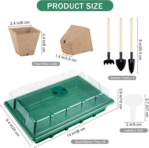 Kit 6 Bandejas Germinación 120 Macetas Turba más Herramientas