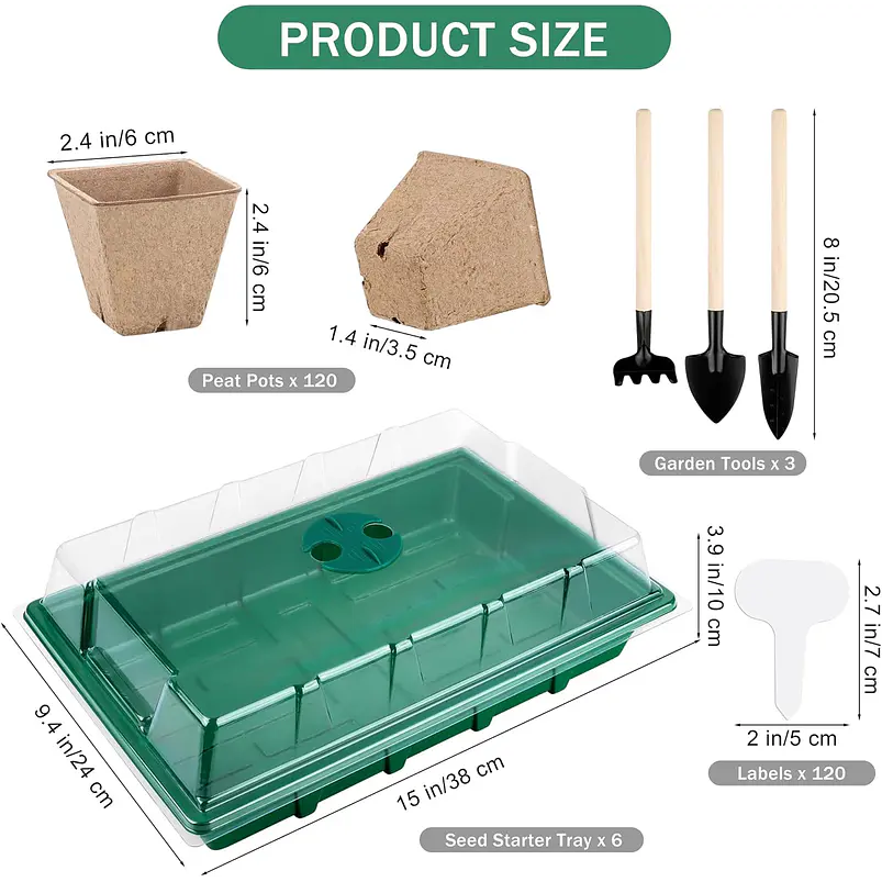 Kit 6 Bandejas Germinación 120 Macetas Turba más Herramientas 2