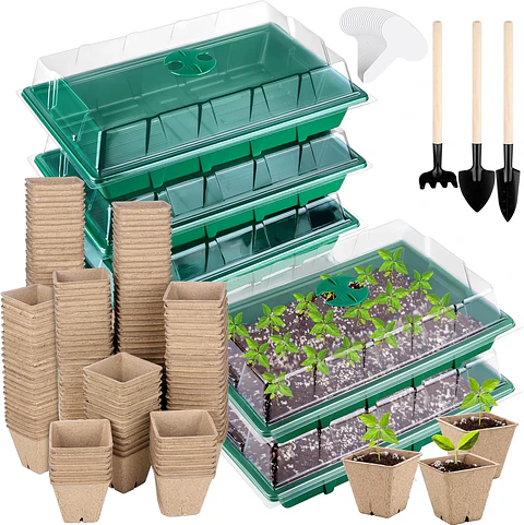 Kit 6 Bandejas Germinación 120 Macetas Turba más Herramientas