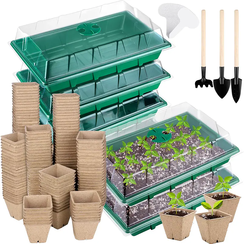 Kit 6 Bandejas Germinación 120 Macetas Turba más Herramientas 1