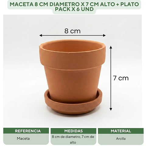 Maceta Arcilla 8cm Diametro 7cm Alto Más Plato Pack x6 Unidades