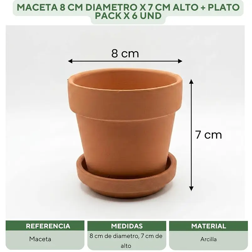 Maceta Arcilla 8cm Diametro 7cm Alto Más Plato Pack x6 Unidades 2