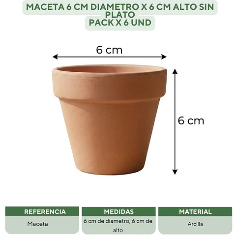 Maceta Arcilla 6cm Diametro x6cm Alto Pack x6 Unidades
