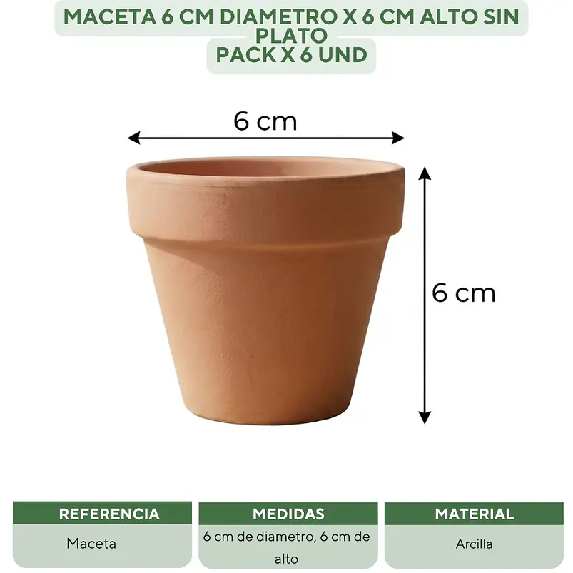 Maceta Arcilla 6cm Diametro x6cm Alto Pack x6 Unidades 2
