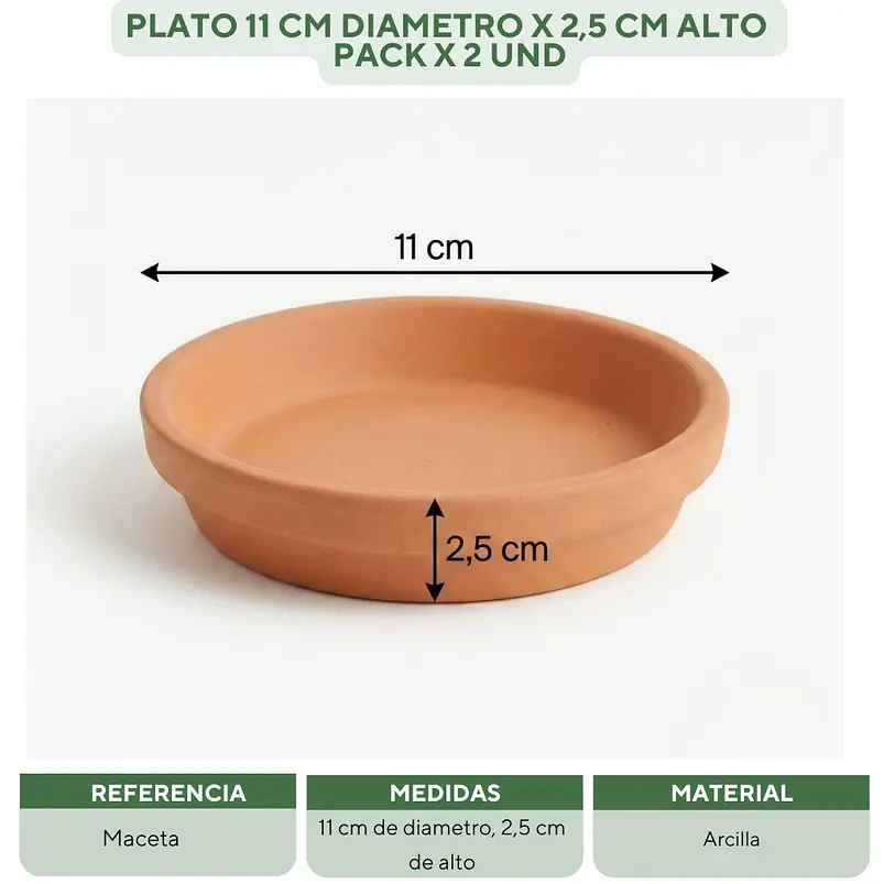 Plato Arcilla Para Macetas 11cm Diametro x2,5cm Alto x2 unidades 2