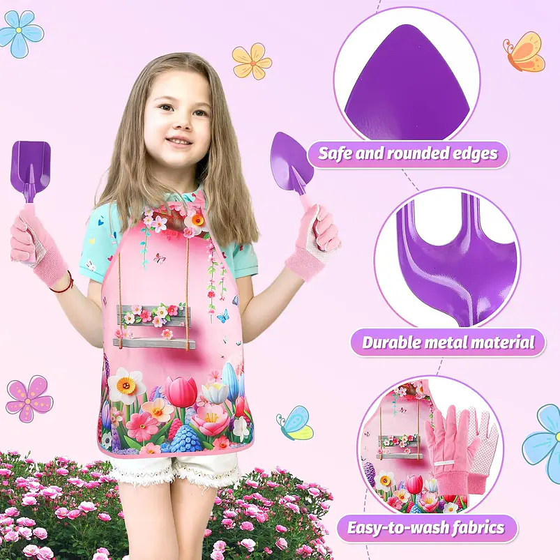 Kit Jardinería Niña Herramientas, Bolso y Delantal Flores 3