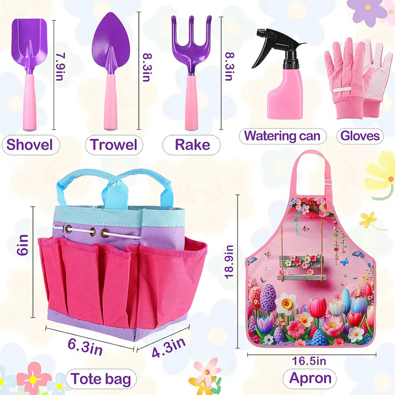 Kit Jardinería Niña Herramientas, Bolso y Delantal Flores 2