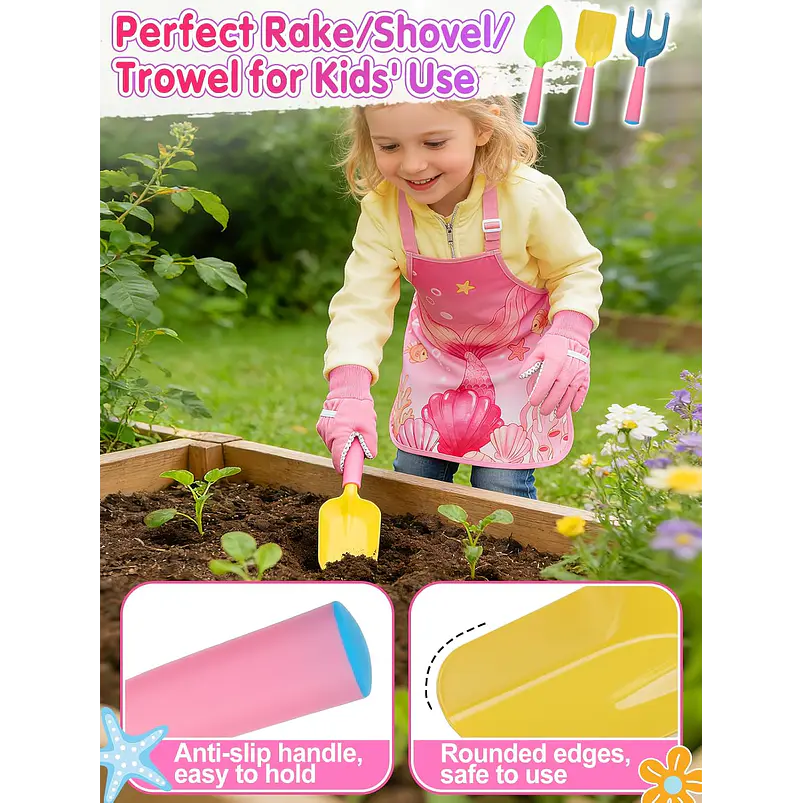Kit Jardinería Niña Herramientas, Bolso y Delantal Rosa 4