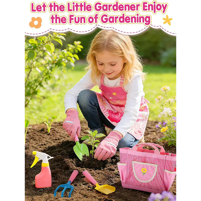 Kit Jardinería Niña Herramientas, Bolso y Delantal Rosa 5