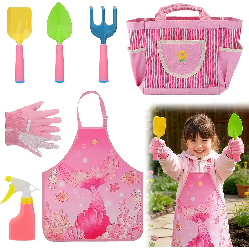 Kit Jardinería Niña Herramientas, Bolso y Delantal Rosa 1