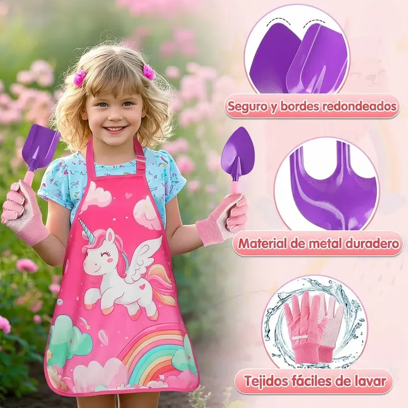 Kit Jardinería Niña Herramientas, Bolso y Delantal Unicornio 5