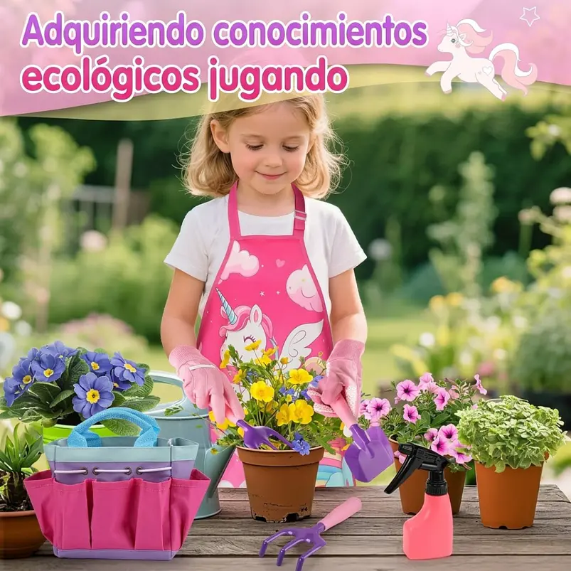 Kit Jardinería Niña Herramientas, Bolso y Delantal Unicornio 4