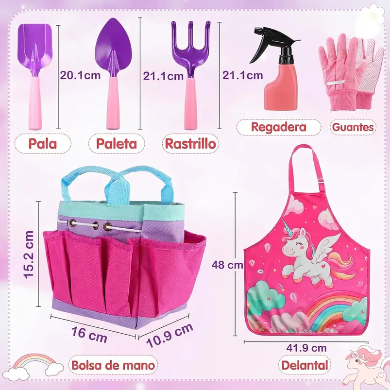 Kit Jardinería Niña Herramientas, Bolso y Delantal Unicornio 6
