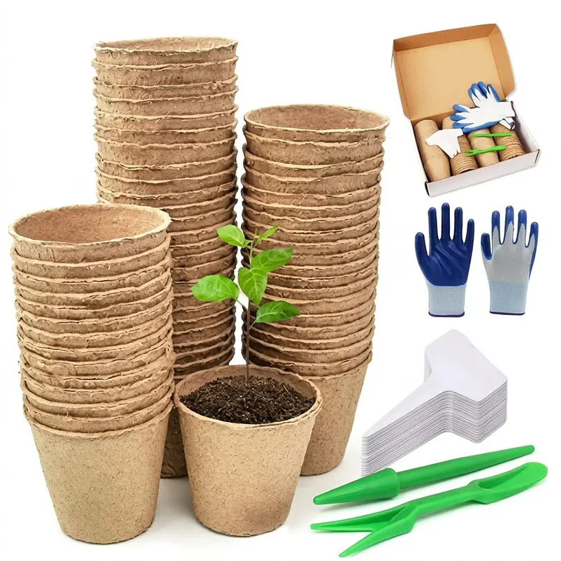 Kit Siembra Macetas Biodegradable x100 Más 20 Etiquetas Más 3 Herramientas 1