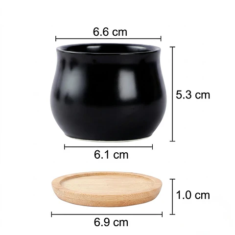 Maceta Cerámica x4 unidades más platillo bambú cactus 6cm diámetro x5.5cm alto