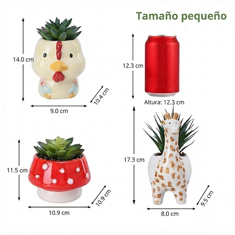 Set Macetas en Cerámica diseños Animales x 3 Piezas ideal para Cactus Suculentas