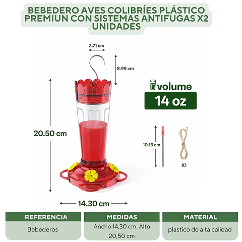 Bebedero Aves Colibríes Plástico Premiun Con Sistemas Antifugas x2 Unidades
