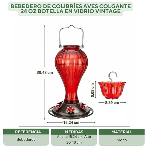 Bebedero De Colibríes Aves Colgante 24 Oz Botella en Vidrio Vintage