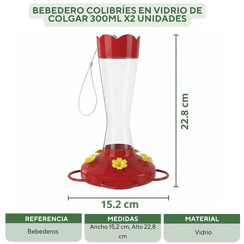 Bebedero Colibríes En Vidrio De Colgar 300ml x2 Unidades