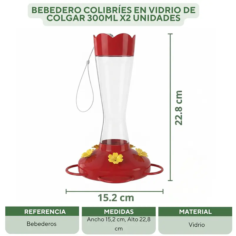 Bebedero Colibríes En Vidrio De Colgar 300ml x2 Unidades 2