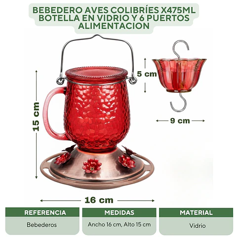 Bebedero Aves Colibríes x475ml Botella en Vidrio y 6 Puertos Alimentacion