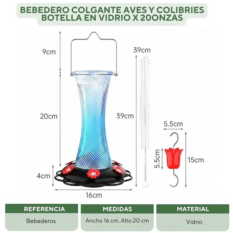 Bebedero Colgante Aves y Colibries Botella en Vidrio x 20onzas 2