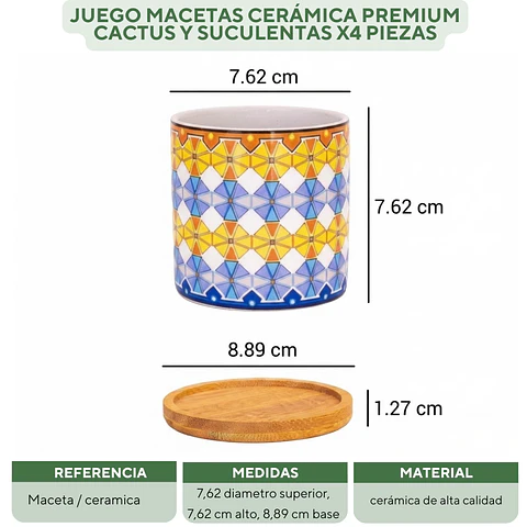 Juego Macetas Cerámica Premium Cactus Y Suculentas x4 Piezas