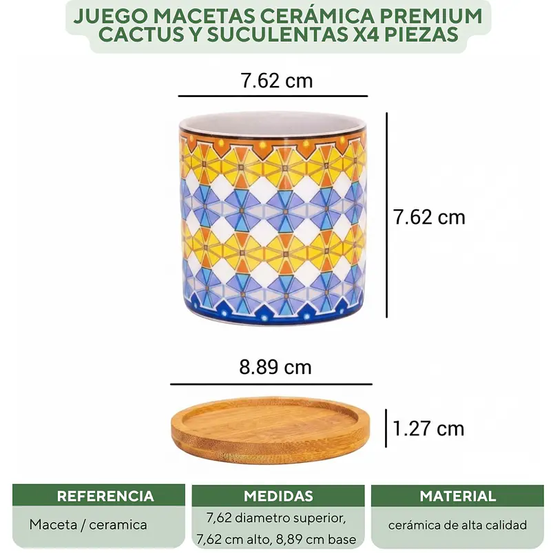 Juego Macetas Cerámica Premium Cactus Y Suculentas x4 Piezas 2