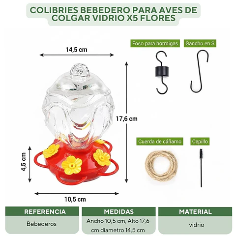 Colibries Bebedero Para Aves de Colgar Vidrio x5 Flores