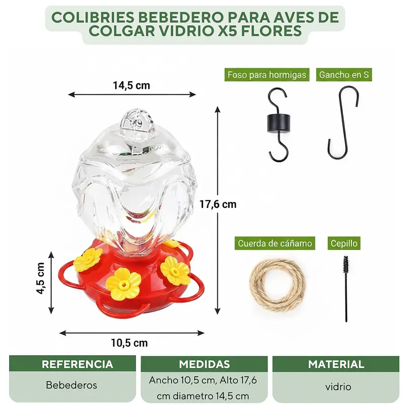 Colibries Bebedero Para Aves de Colgar Vidrio x5 Flores 2