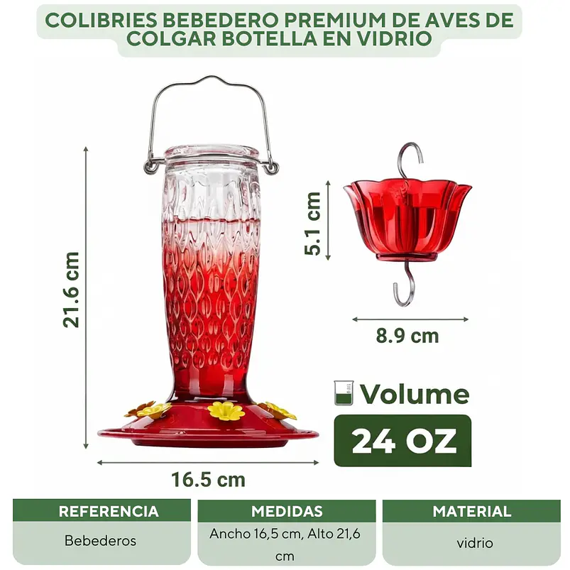 Colibries Bebedero Premium de Aves de Colgar Botella en Vidrio 7