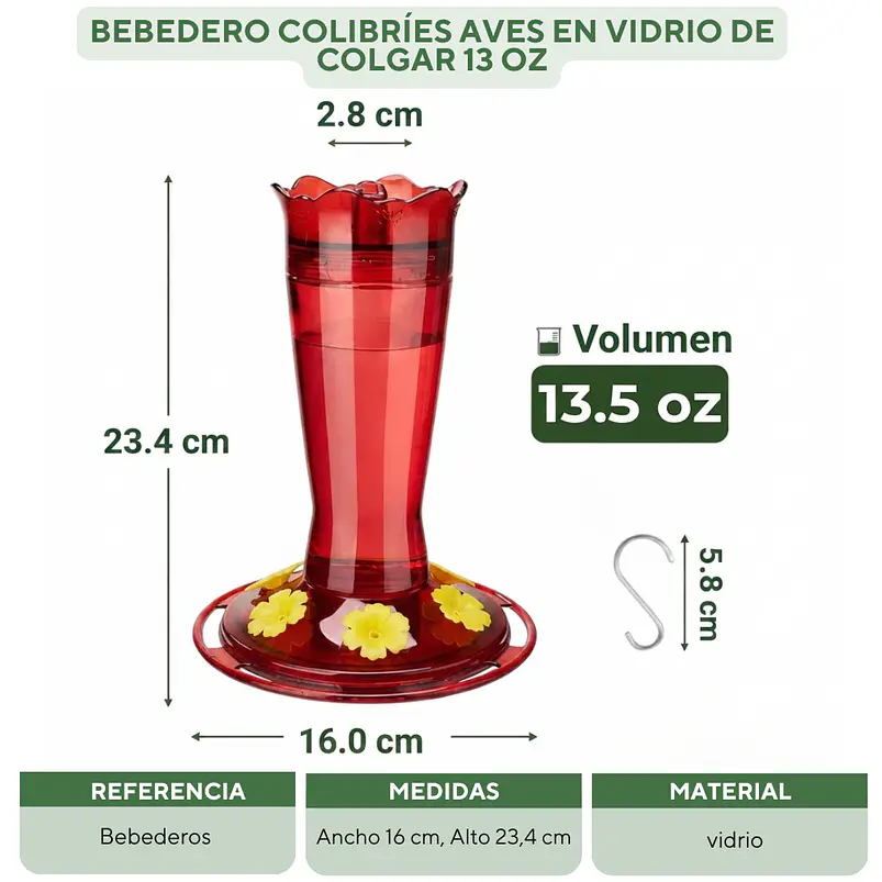 Bebedero Colibríes Aves en Vidrio de Colgar 13 Oz 7