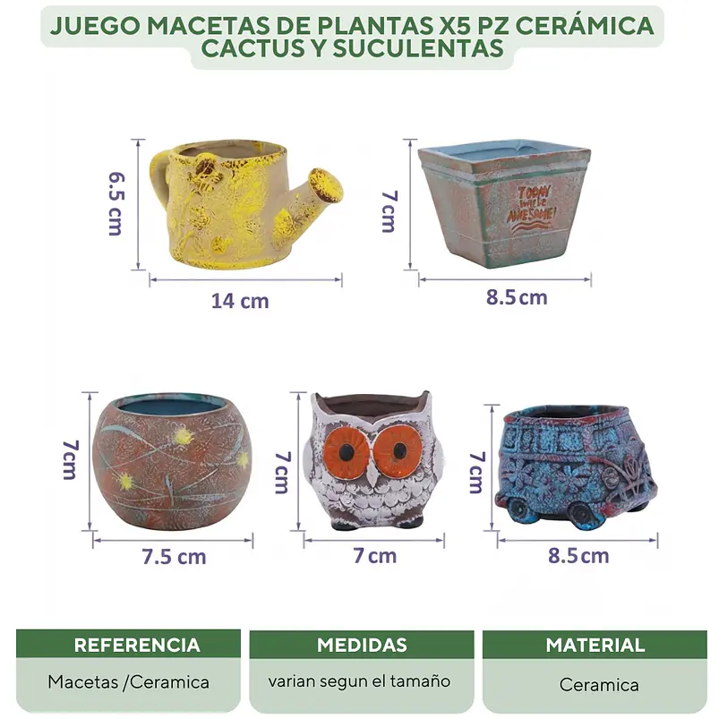 Juego Macetas De Plantas X5 Pz Cerámica Cactus Y Suculentas 5