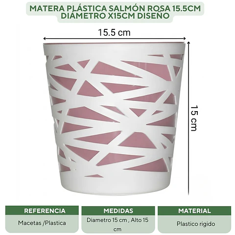 Matera Plástica Salmón Rosa 15.5cm Diámetro x15cm Diseño