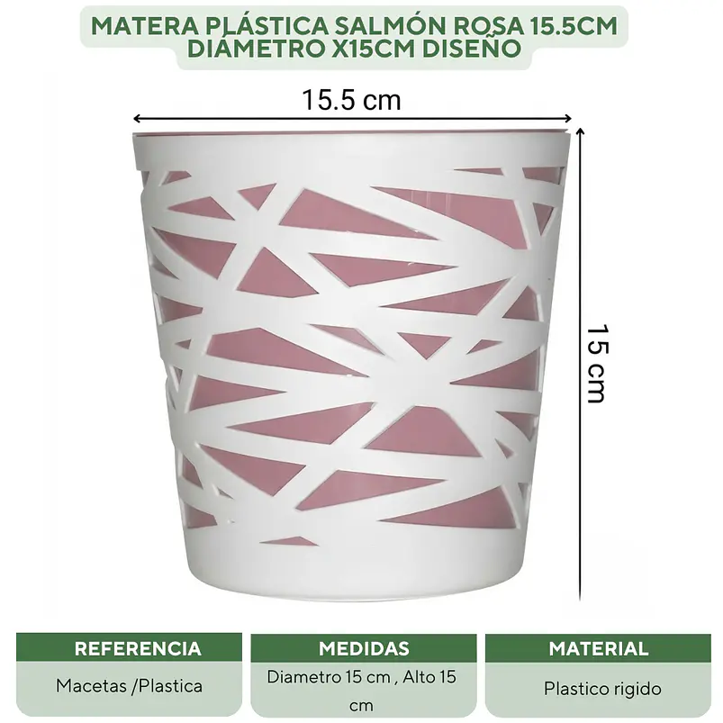 Matera Plástica Salmón Rosa 15.5cm Diámetro x15cm Diseño 2