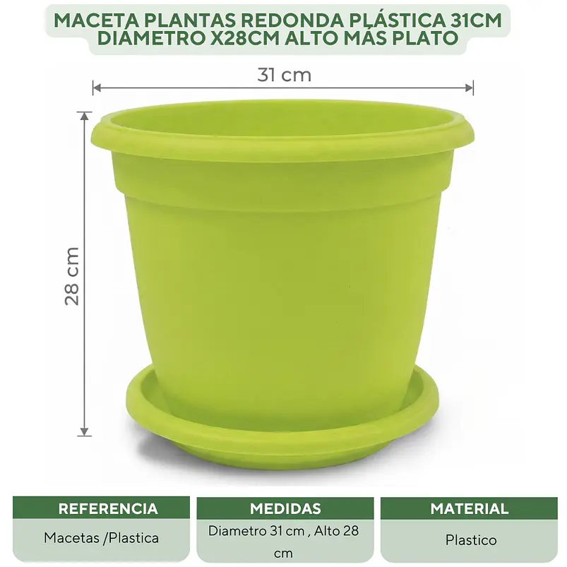 Maceta Plantas Redonda Plástica 31cm Diámetro x28cm Alto Más Plato 8