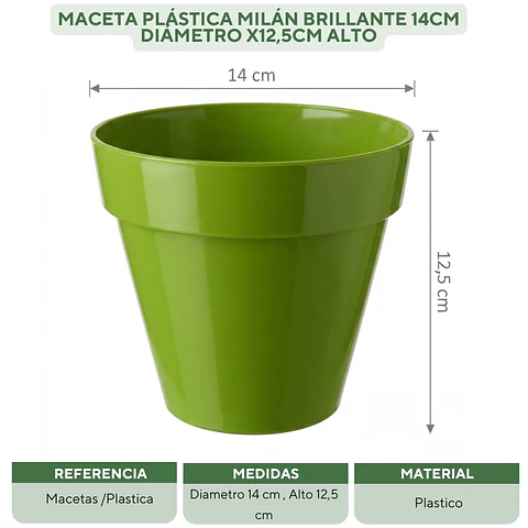 Maceta Plástica Milán Brillante 14cm Diámetro x12,5cm Alto