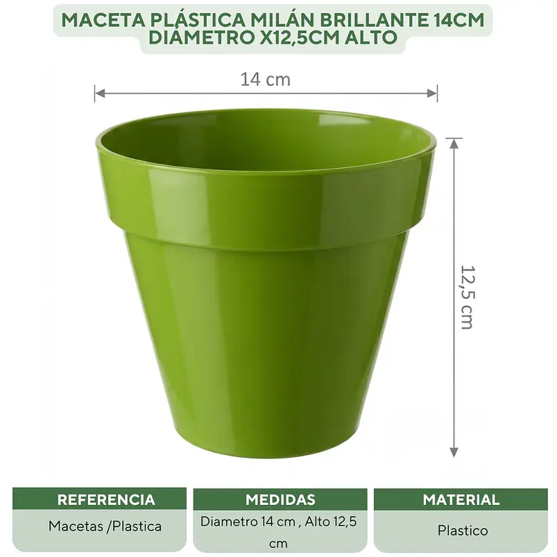 Maceta Plástica Milán Brillante 14cm Diámetro x12,5cm Alto 2