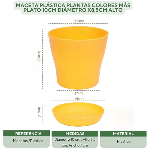 Maceta Plástica Plantas Colores Más Plato 10cm Diámetro x8,5cm Alto