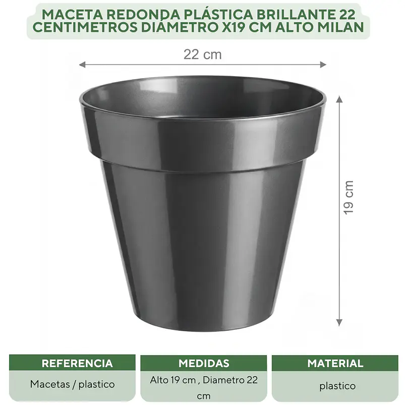 Maceta Plástica Milan  Brillante 22cm Diámetro x19cm Alto  9