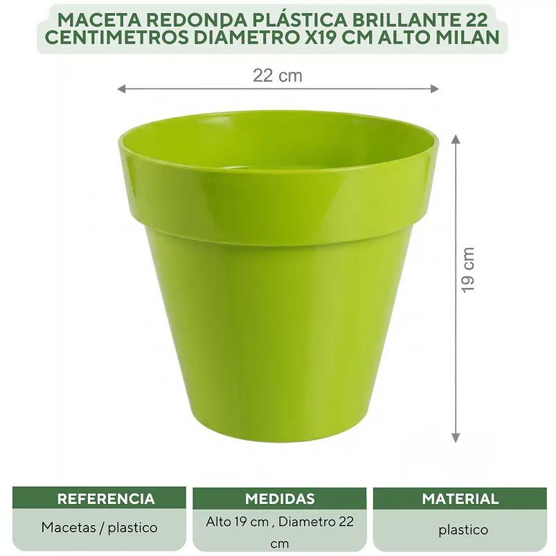 Maceta Plástica Milan  Brillante 22cm Diámetro x19cm Alto  10