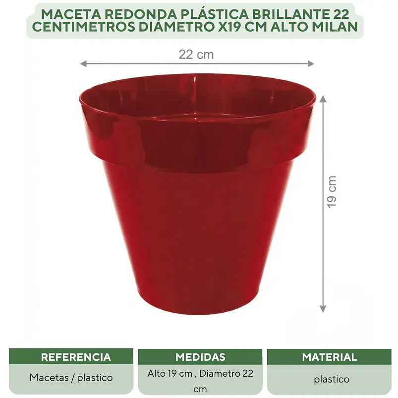 Maceta Plástica Milan  Brillante 22cm Diámetro x19cm Alto  11