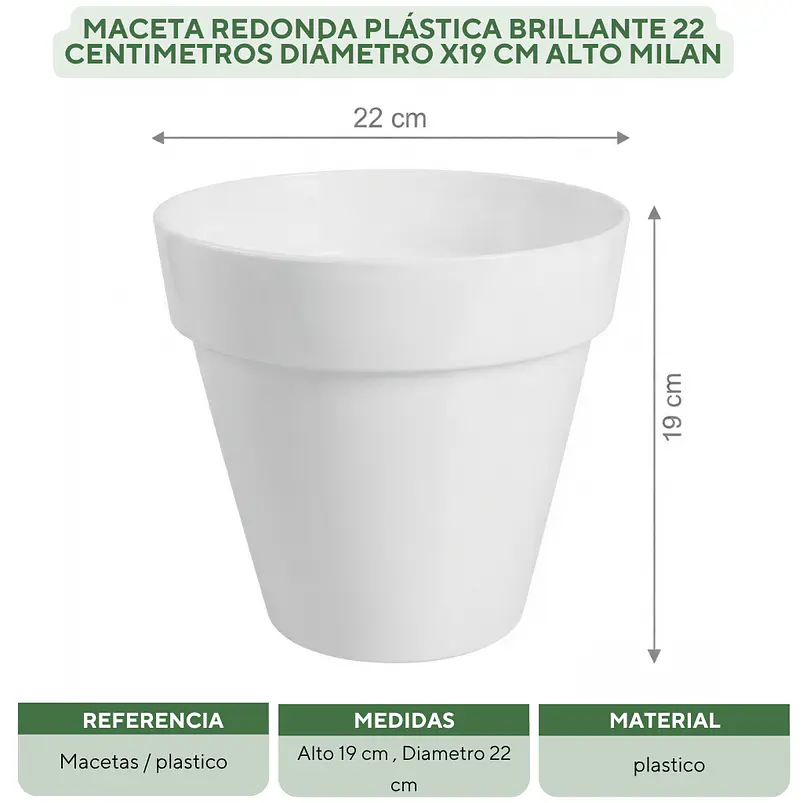 Maceta Plástica Milan  Brillante 22cm Diámetro x19cm Alto  12