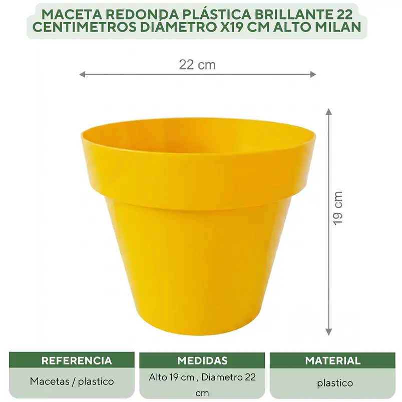 Maceta Plástica Milan  Brillante 22cm Diámetro x19cm Alto  14