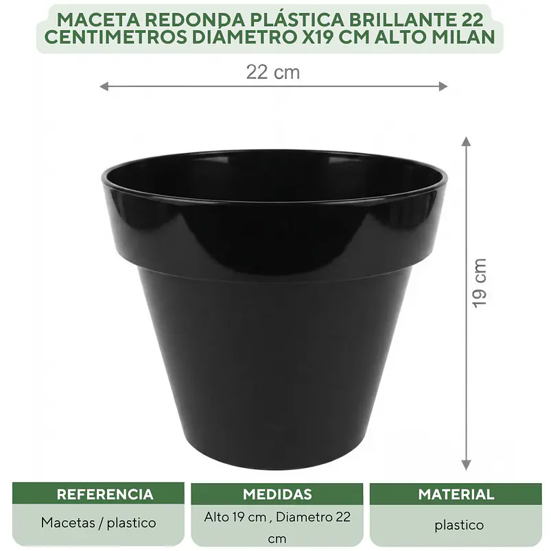Maceta Plástica Milan  Brillante 22cm Diámetro x19cm Alto  16