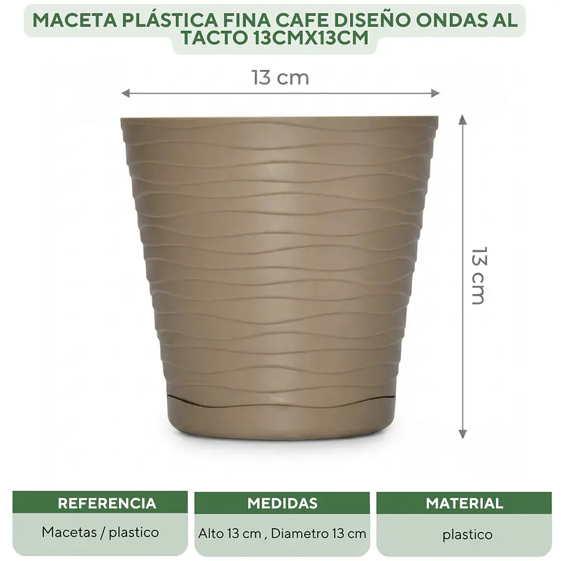 Maceta Plástica Fina Cafe Diseño Ondas Al Tacto 13cmx13cm 2