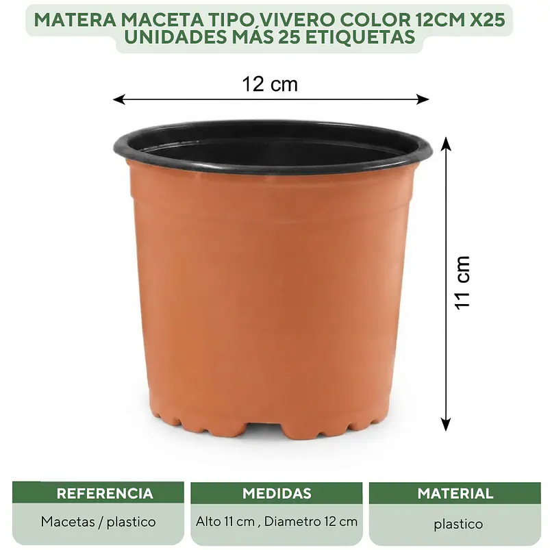 Matera Maceta Tipo Vivero Color 12cm x25 Unidades Más 25 Etiquetas 13