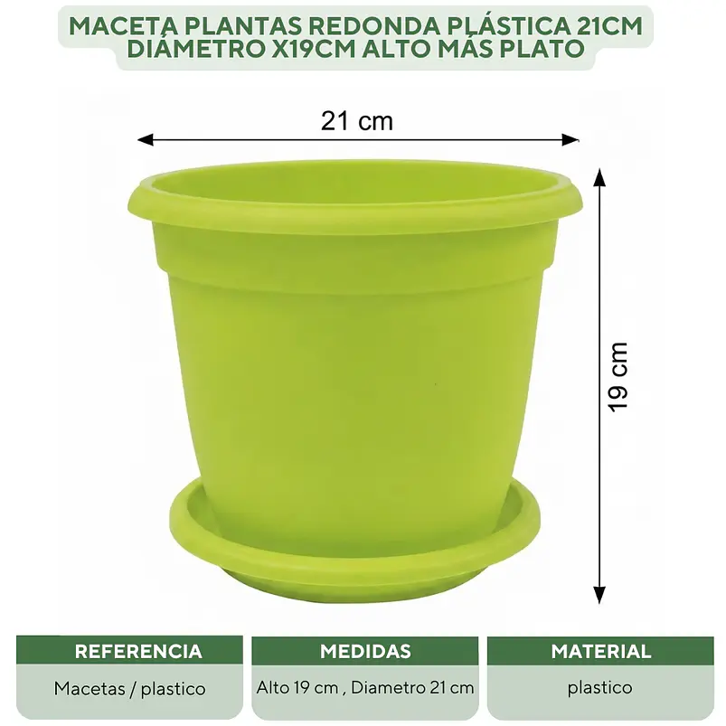 Maceta Plantas Redonda Plástica 21cm Diámetro x19cm Alto Más plato 12