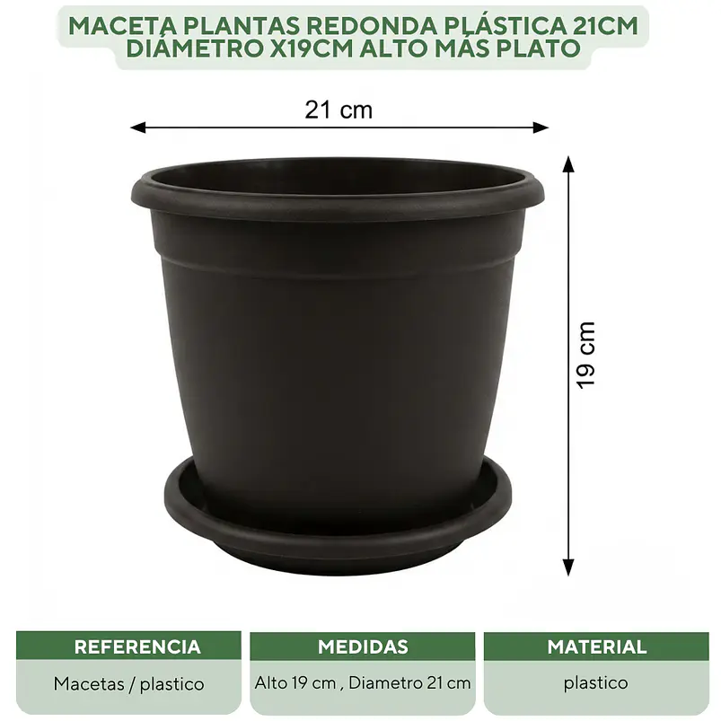 Maceta Plantas Redonda Plástica 21cm Diámetro x19cm Alto Más plato 13