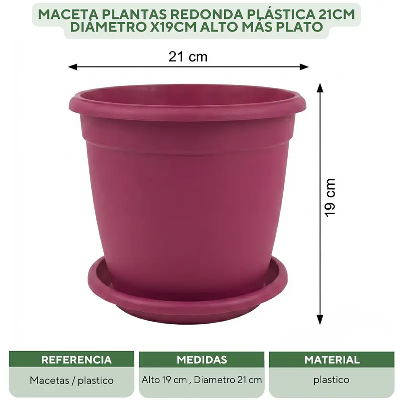 Maceta Plantas Redonda Plástica 21cm Diámetro x19cm Alto Más plato 14